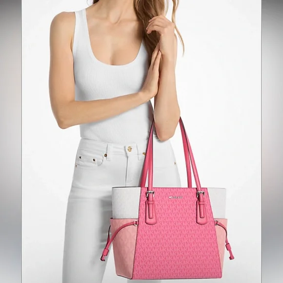 NWT MICHAEL KORS OUTLET Voyager Large Color-Block Signature Logo Tote Bag $398 - Picture 4 of 5